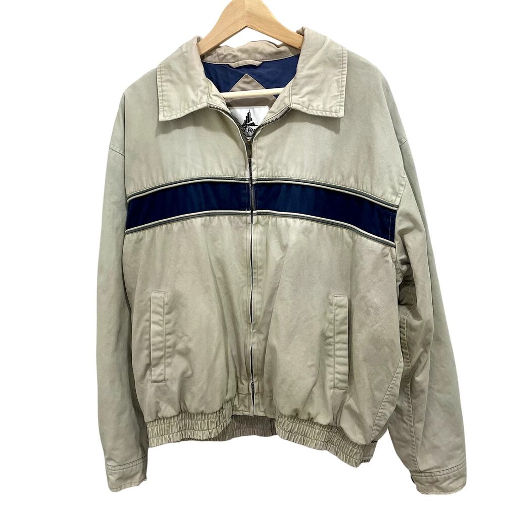 Vintage 1990s Misty Harbor Men's Khaki Blue Stripe Casual Bomber Jacket - Large